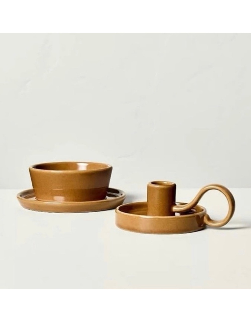 Hearth & Hand Magnolia 2pc Set Taper & Pillar Glazed Ceramic Pumpkin Brown NEW